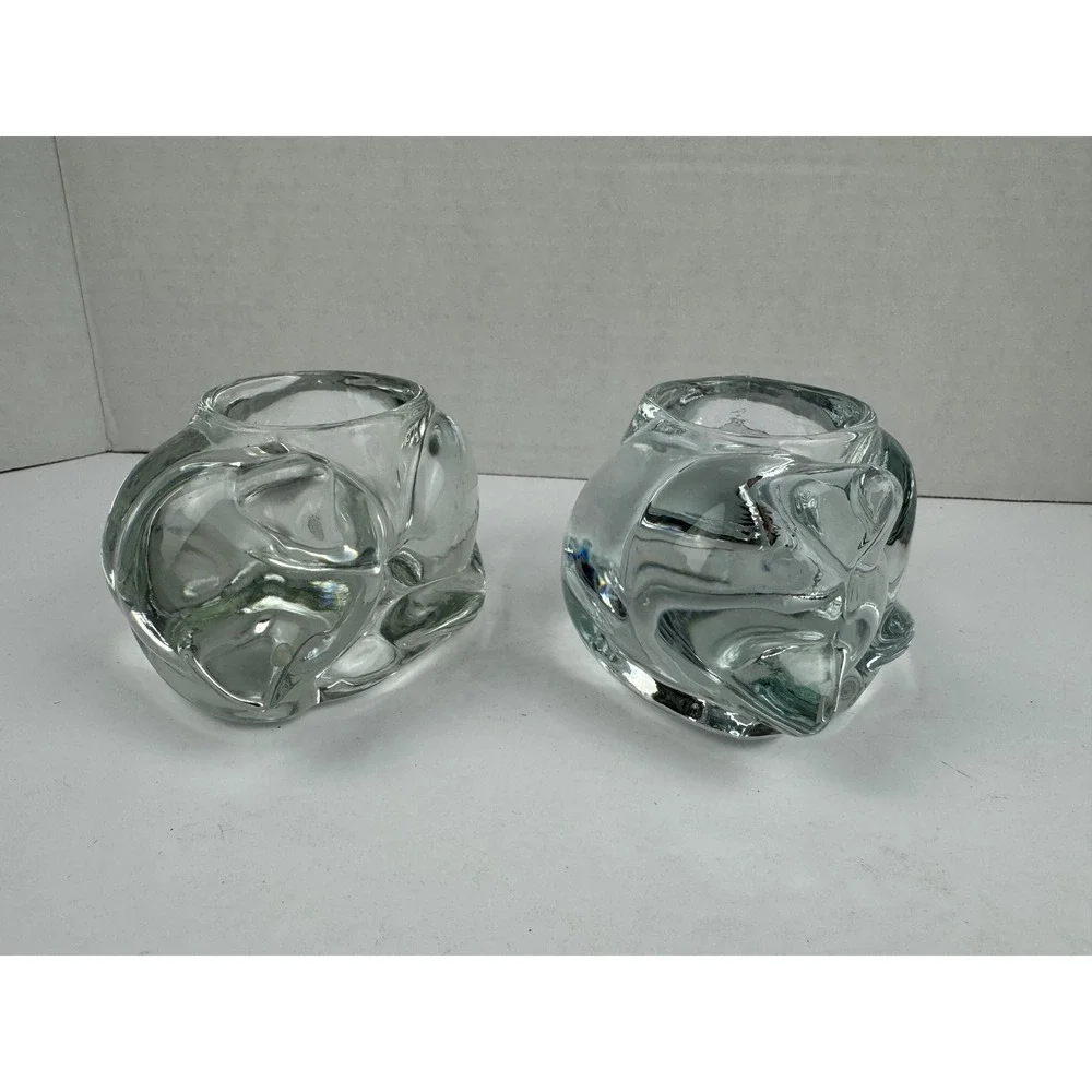Vintage Indiana Glass Clear Sleeping Cat Votive Tea Light Candle Holders Set 2